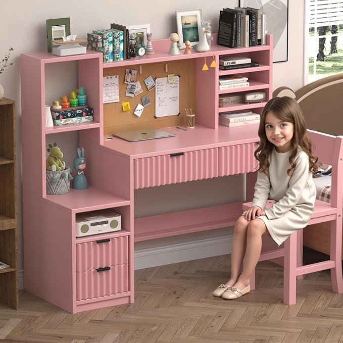 Pink Wooden Kids Fluted Desk and Chair Set,Kids Study Desk with Storage Shelves,Kids Study Table and Chair Set with 4 Fluted Drawers,Girls Study Desk for Kids with Hutch for Bedroom-Q3o2V0