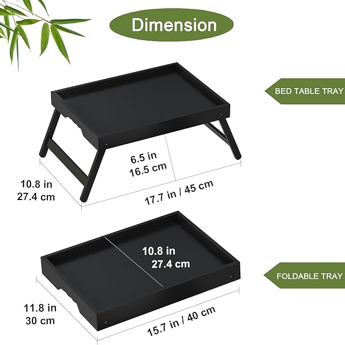 Bamboo Bed Tray Table with Foldable Legs, Breakfast in Bed Tray for Kitchen Serving Tray, Eating, Working, Drawing Tray (2 Pack, Black)