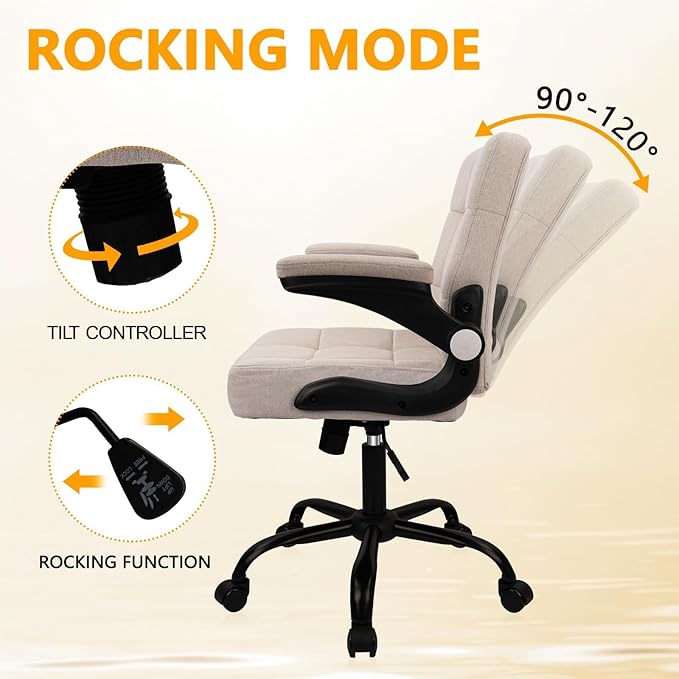 CLATINA Fabric Office Chair Ergonomic Cloth Linen Swivel Desk Chair with Back Support and Padded Flip up Armrests, Executive Rolling Computer Task Chairs for Work, Conference, Home, Study, Beige