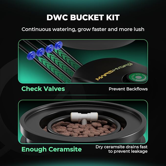 Mars Hydro DWC Hydroponics Grow System 5 Gallon Deep Water Culture with 8W Air Pump, Multi-Purpose Air Hose, Air Stone, 2 Buckets and Top Drip Kit
