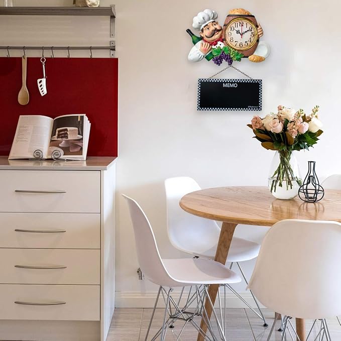 2 in 1 Wall Clock and Black Board with Chef Décor Display and Leave Your Message on The rewritable Black Board, Decoration/Home/Kitchen/Livingroom/Dining Room/Restaurant/Bar/Cafe