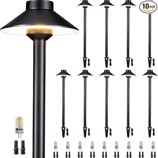 Brass Landscape Path Lights - 12V Low Voltage Pathway Light IP65 Waterproof, LED Outdoor Walkway Lighting Wired, Black for Patio Lawn with 3W 2700K Warm White G4 Replaceable Bulb (10 Pack)