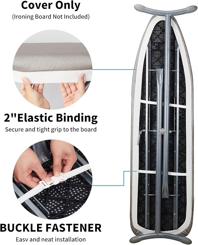 BNDX Heavy Duty Ironing Board Cover - Silicone Coating Scorch Resistant Padding,Extra Thick Padded 4 Layers, 2" Elastic Edge, 2 Click Buckles for Smooth Iron, Cinder 15x54