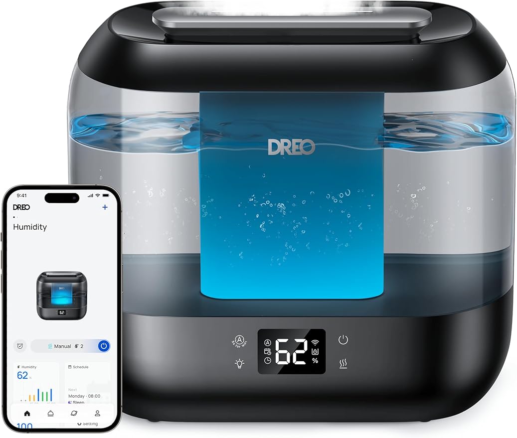 Dreo Smart Humidifiers for Bedroom, Top Fill 4L Supersized Cool Mist Humidifier with Nightlight, 36H Runtime, Touch/APP/Voice Control, 28 dB Quiet Ultrasonic Humidifiers for Large Room, Baby, Plants