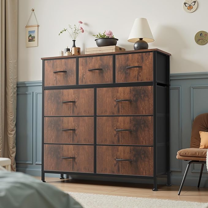 DUMOS 9 Drawer Dresser for Bedroom, Fabric Storage Organizer with Sturdy Metal Frame, Wooden Top Chest of Drawers for Closet Nursery Entryway Guest Room,Cocoa Brown