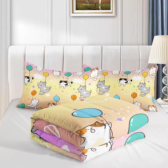 Kids Comforter Set Cute Cats Printed Pattern Bedding Set with 1 Comforter and 2 Pillowcases for Girls Boys Bedroom All Season(Cat1 Full)
