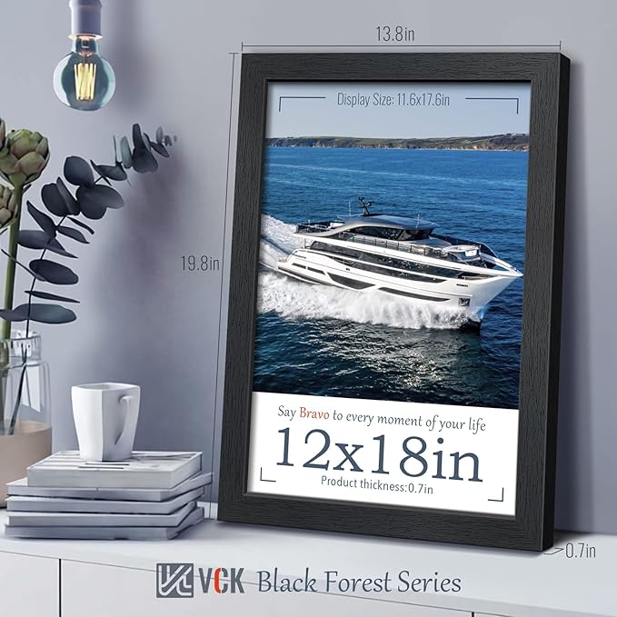 VCK 12x18 Poster Frame Set of 4 - Black, Gallery-Quality Wood Picture Frames, 1.1-Inch Wide Border, Polished Plexiglass, Vertical or Horizontal Wall Display for Photo/Art/Prints, Black