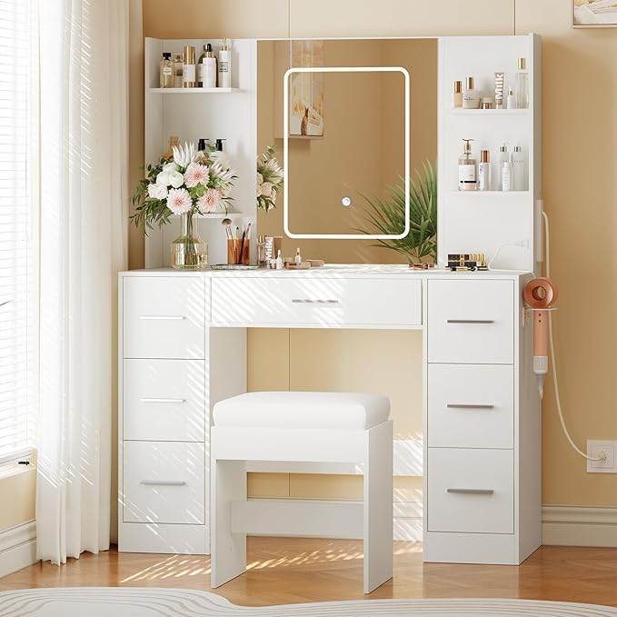 Hetoy Vanity Desk with Mirror and Lights - Makeup Vanity Desk with Chair - Dressing Table with 7 Drawers and Hair Dryer Rack for Bedroom