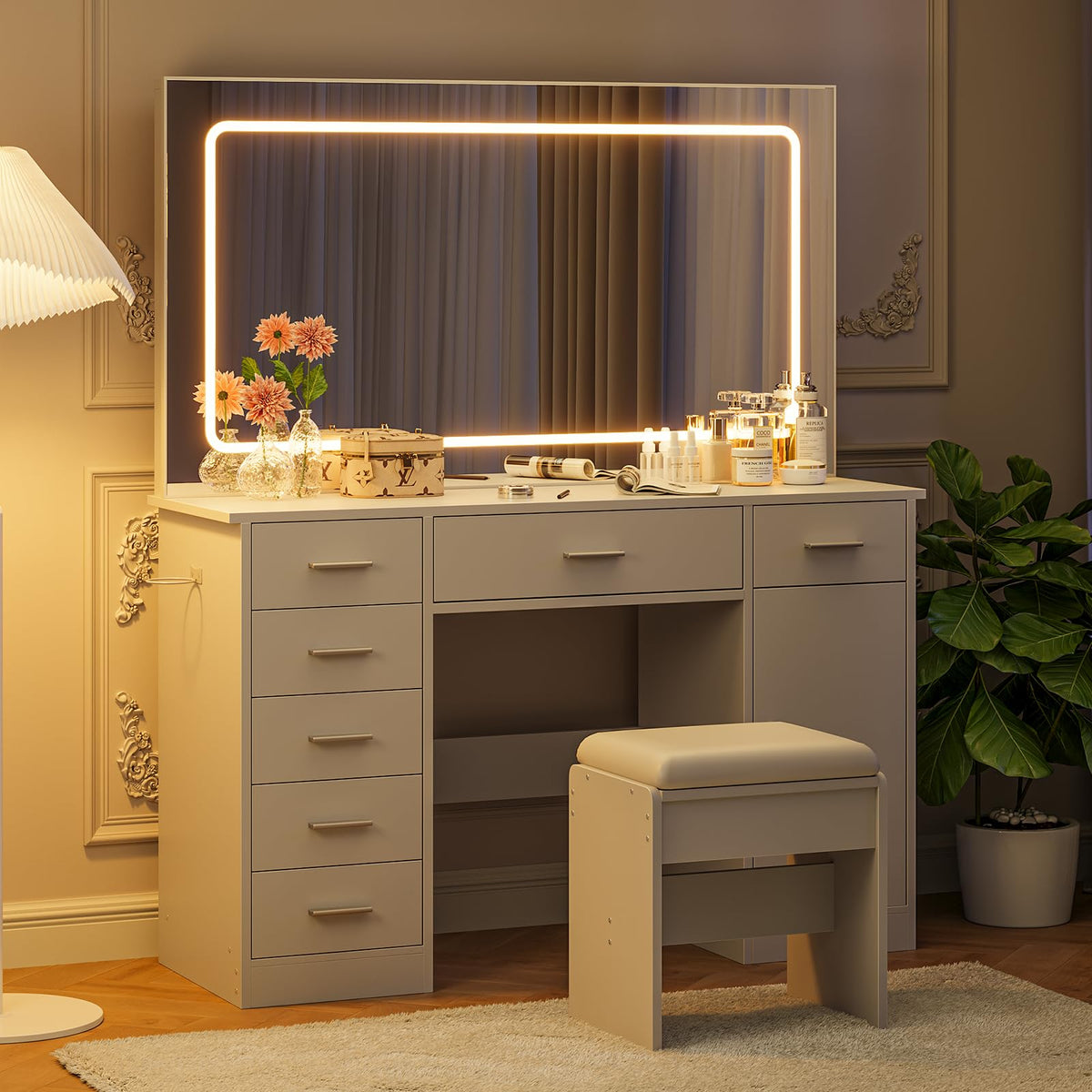 Garvee Modern Vanity Desk with Mirror & LED Lights – 7 Drawers, White