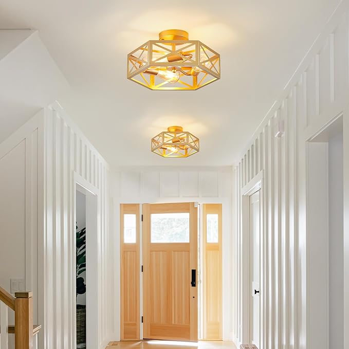 Flush Mount Ceiling Light, Gold Light Fixtures Ceiling Mount, 3 Light Modern Close to Ceiling Light Fixture with Metal Hexagon Cage Brass Lights for Kitchen, Hallway, Bathroom