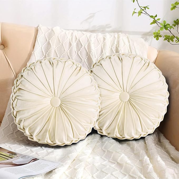 HIG Set of 2 Decorative Round Pleated Throw Pillows,Classy Accent Pumpkin Throw Pillows with Center Button,Vintage Velvet Floor Pillows for Sofa Vanity Chair Bed, Beige,14.6" Diameter(Ripple)