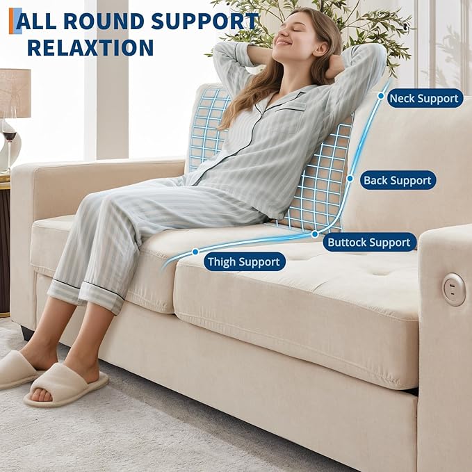 Garvee 90" Chenille Fabric Sofa Modern Comfort Sofa with USB/Type-C Ports, Deep Seat Cushions, Removable Cover, Wide Armrests Ideal for Living Rooms, Small Spaces, and Apartments - Beige