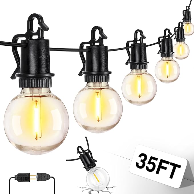 ZJOJO 35FT Outdoor String Lights, G40 Globe Outdoor Lights with 15 Shatterproof LED Bulbs 2700K, IP65 Waterproof Patio Light
