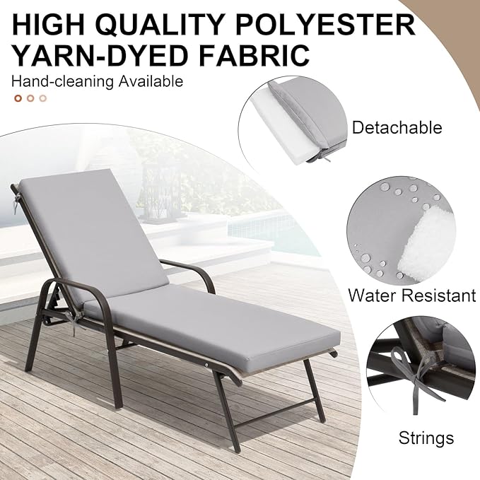 Crestlive Products Chaise Lounge Cushions Outdoor Set of 2, 72x21 Inch, Water Resistant Lounge Chair Cushions for Outdoor Furniture, Patio Cushions for Pool, Lawn, Light Gray