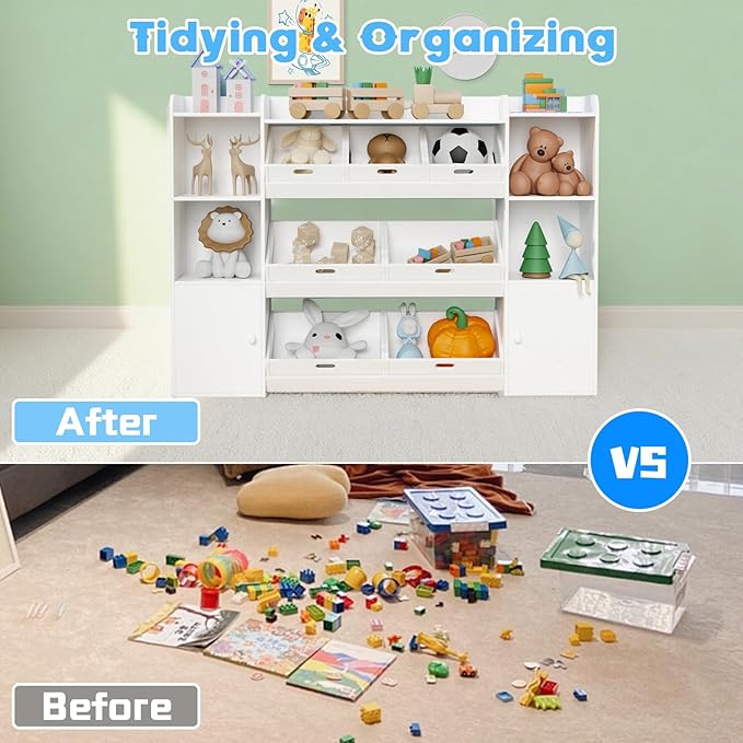 55.7''W Toy Storage Organizer with 7 Removable Bins & 4 Open Shelf,Large Kids Bookshelf and Toy Storage for Playroom, Kids' Room & Classroom,White