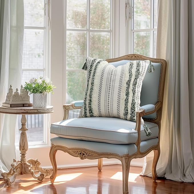 decorUhome Decorative Boho Throw Pillow Cover 20x20, Accent Neutral Textured Tufted Pillow Cover Striped for Couch Bed Sofa, Green and Cream White, Pack of 1