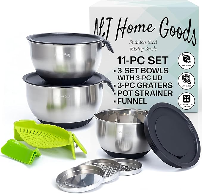 Stainless Mixing Bowl & Lids Holiday BBQ Picnic: Lids Pour Spout Ergonomic Handles For Kitchen With Non Slip Silicone Base Strainer Graters For Kitchen Gift Set