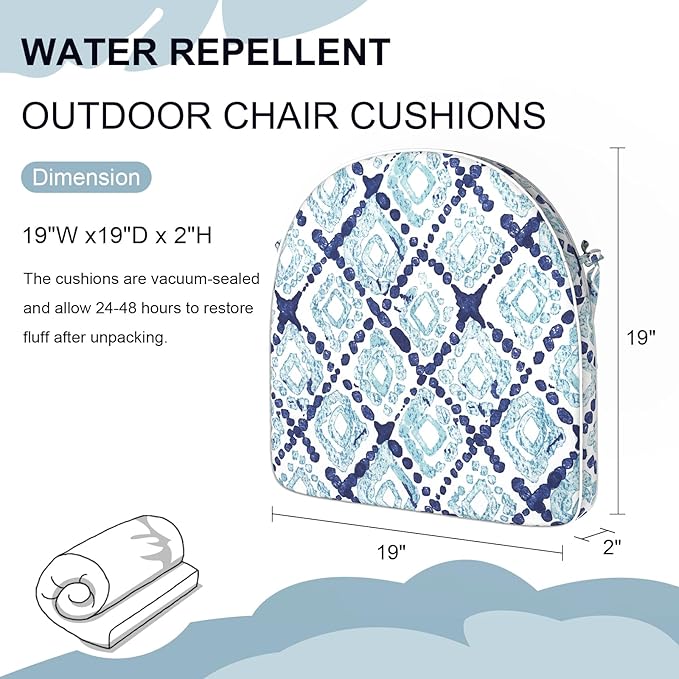 Set of 2 Outdoor Chair Cushions 19"x19"x2",Water Repellent Seat Dining Chair Cushion with Ties and Removable Covers, Chair Cushions for Indoor Kitchen and Patio Furniture,Boho Geometry Blue