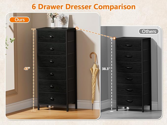 Furnulem Tall Dresser with 6 Drawers,Vertical Bedside End Table & Chest for Bedroom,Black Storage Tower Dorm Nightstand with Fabric Drawer Organizer Unit Furniture in Living Room,Closet,Hallyway
