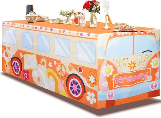 4Ft Groovy Bus Tablecloth,Hippie Birthday Party Decorations for 60s 70s Boho Themed Birthday,Baby Shower,Carnival Party Decorations