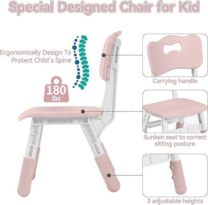 Kids Table and 2 Chairs Set, Height-Adjustable Toddler Table and Chair Set with Graffiti Desktop, 31.5''L x 23.6''W Children Activity Table for Daycare, Classroom, Home