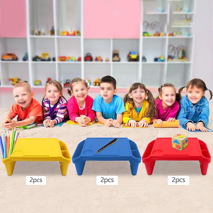 6 Pcs Kids Lap Desk Tray, Plastic Breakfast Lap Desk Trays with Side Pockets and Slot, Portable Lap Table Snack Tray for Eating, Writing, Drawing, Game, 19.69" L x 9.84" W x 7.1" H (3 Colors)
