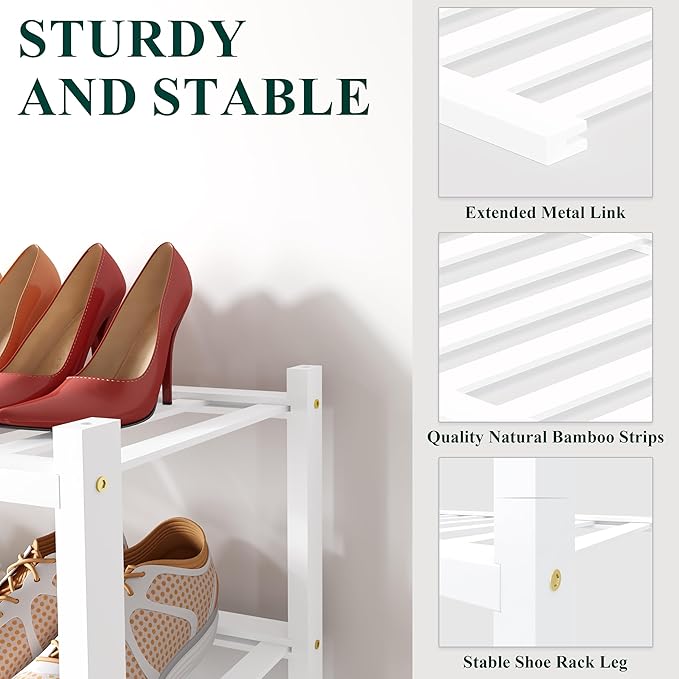 Smiry Bamboo Shoe Rack for Closet, 3 Tier Long Wooden Stackable Shoe Organizer, Free Standing Shoes Storage Shelf for Entryway, Front Door Entrance, White