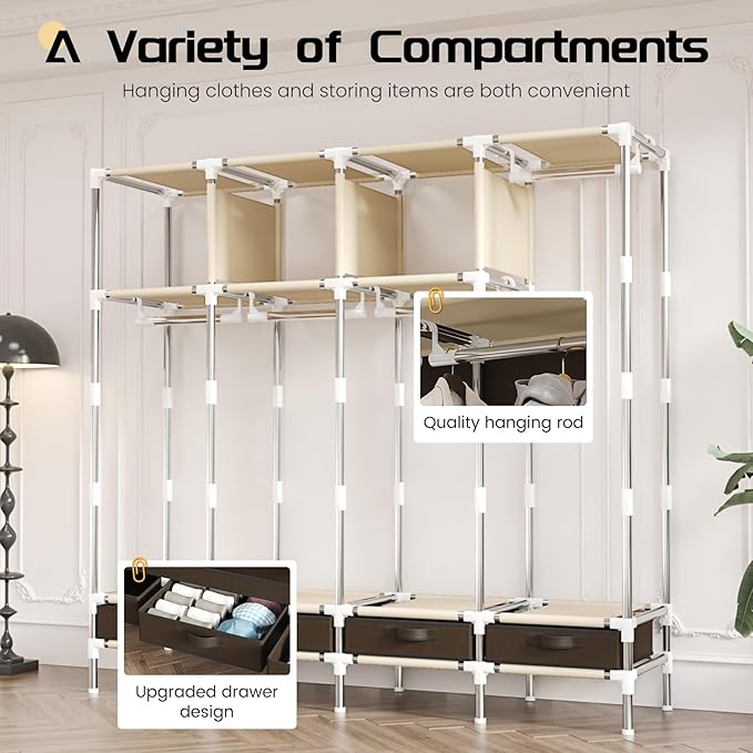 Portable Wardrobe with 4 Drawers, 4 Hanging Rods - 67" Tall Sweater Organizer, Sturdy Easy Temporary Bedroom Wardrobe Organizer, Brown