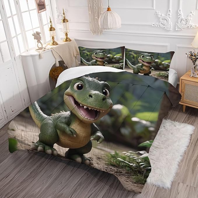 Cute Dinosaur Comforter Set Twin for Kids, Green Dinosaur Bedding Set for Boys Room Decor, Dino Bed Set with 1 Comforter Set and 1 Pillowcase