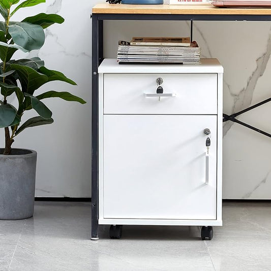 Mobile File Cabinet with Lockable Drawer & Door, Under Desk Storage Cabinet with 360°Swivel Wheels, Wooden Stationery Storage Cabinet for Legal/Letter/ A4 Documents (White)