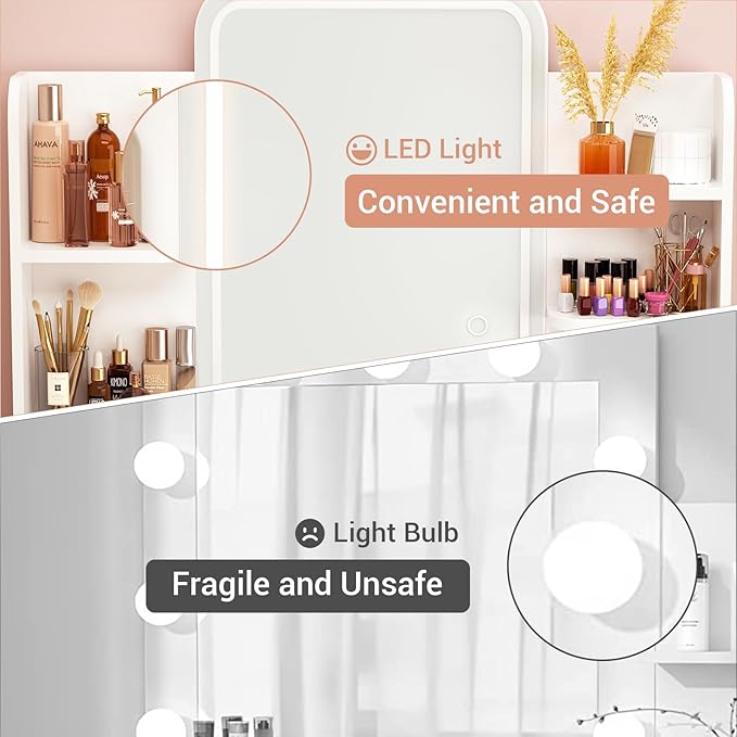 Armocity Vanity Desk with Mirror and Lights, Makeup Vanity with 2 Storage Drawers, Vanity Table Set with 3 Color Lighting Options, Modern Dressing Table with Storage Shelf for Bedroom, White