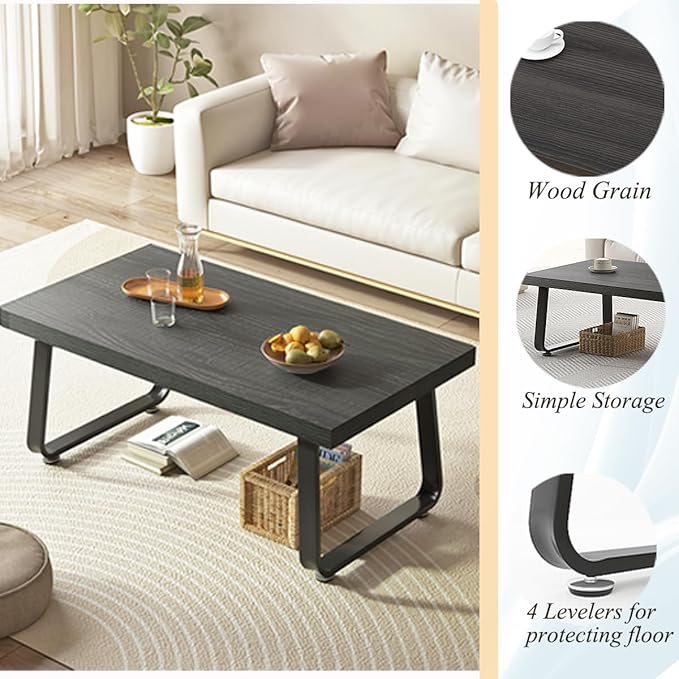 HSH Industrial Grey Coffee Table, Rustic Wood and Metal Living Room Table, Modern Minimalist Rectangle Oak Center Table, Farmhouse Cocktail Tea Table for Home Bedroom Kitchen, Dark Gray Oak, 39 Inch
