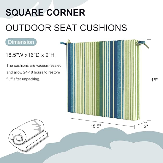 Set of 4 Outdoor Square Chair Cushions 18.5"x16"x2" for Patio, Water Resistant Patio Dining Seat Pads Replacement for Kitchen Garden and Outdoor Furniture Decoration - Stripe Blue Green