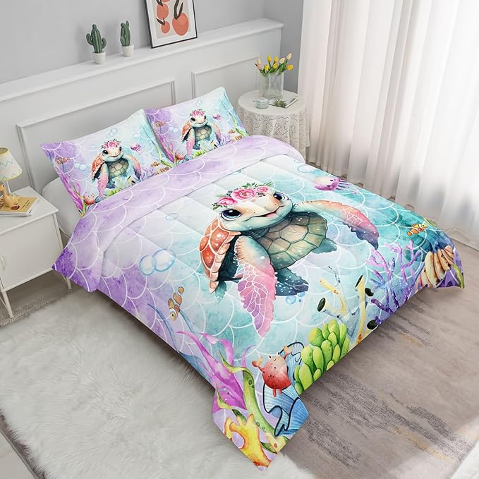 Kids Comforter Set Mermaid Scale Turtle Printed Pattern Bedding Set with 1 Comforter and 2 Pillowcases for Girls Boys Bedroom All Season(Turtle Full)
