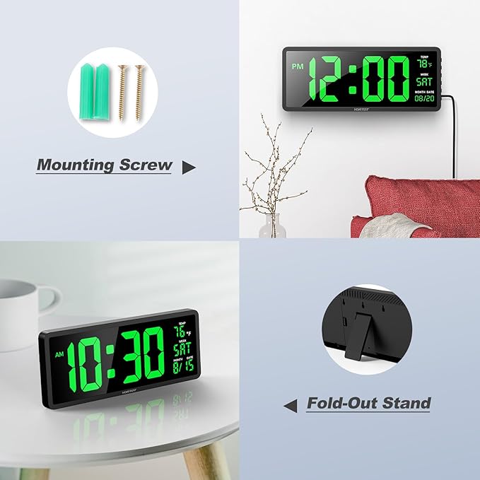 YORTOT 16” Large Digital Wall Clock with Remote Control and 7 Night Lights, 4 Level Dimmer, Super Easy to See, Big LED Clock with Indoor Temperature, Date, Perfect for Home, Office, Gym (Green)