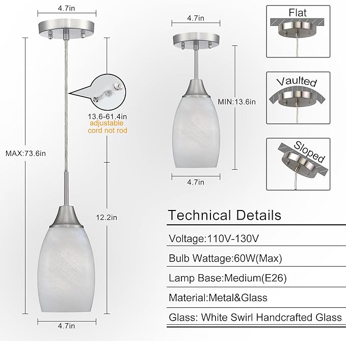 Mini Glass Pendant Light 4.72" White Glass Pendant Lights 3-Pack Handblown White Art Oval Glass Hanging Pendant Light for Kitchen Island Dining Room Living Foyer Hallway Entry
