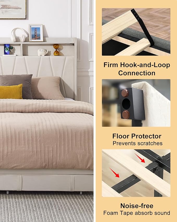 Queen Bed Frame, Velvet Upholstered LED Platform Bed with Headboard Storage, Queen Bed Built-in Charging Station with 2 Drawers, Wood Slat Support, No Box Spring Needed, Beige