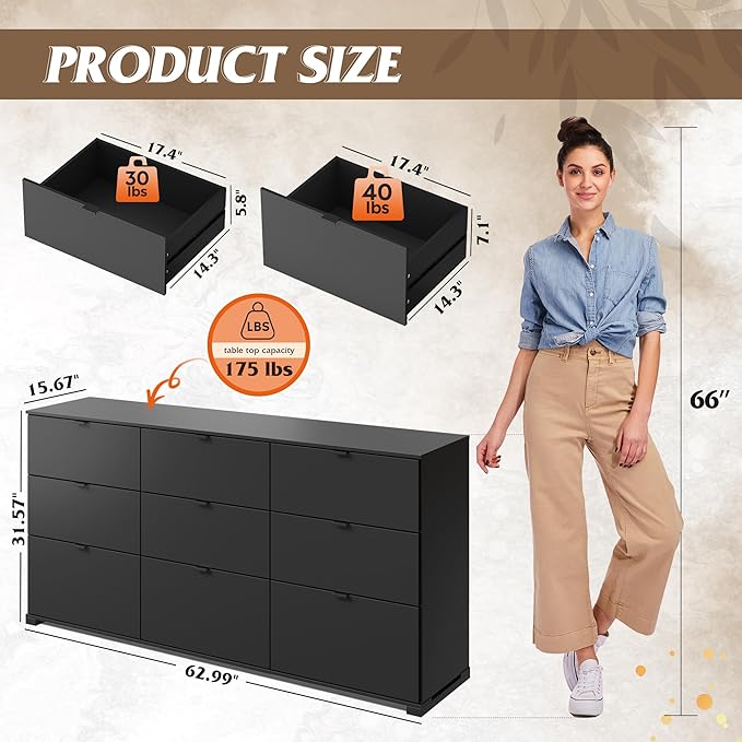 WLIVE 9 Drawer Dresser for Bedroom, 63" Wide Black Drawers Large Wood Chest of Drawers Organize with Sturdy Metal Handle, Modern Dresser for TV Stand, Living Room Office, Hallway, Ball Bearing Slide