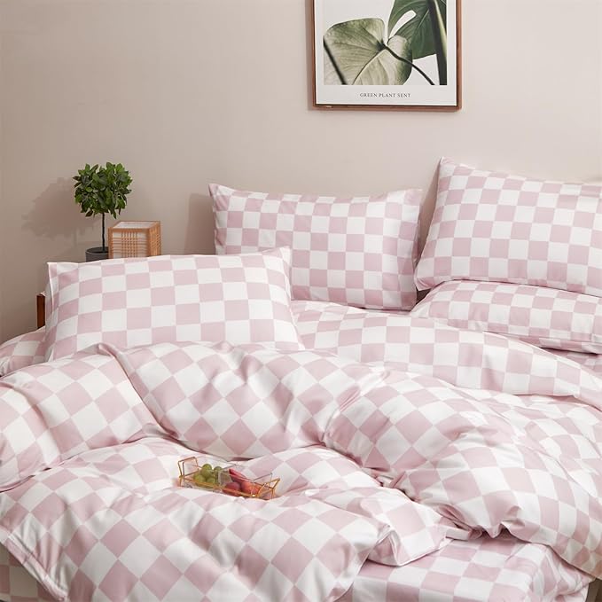 Pink and White Checkered Comforter Set Queen Comforter Set 3 Piece Bedding Set with Lightweight Comforter and 2 Pillowcases Soft Microfiber All-Season