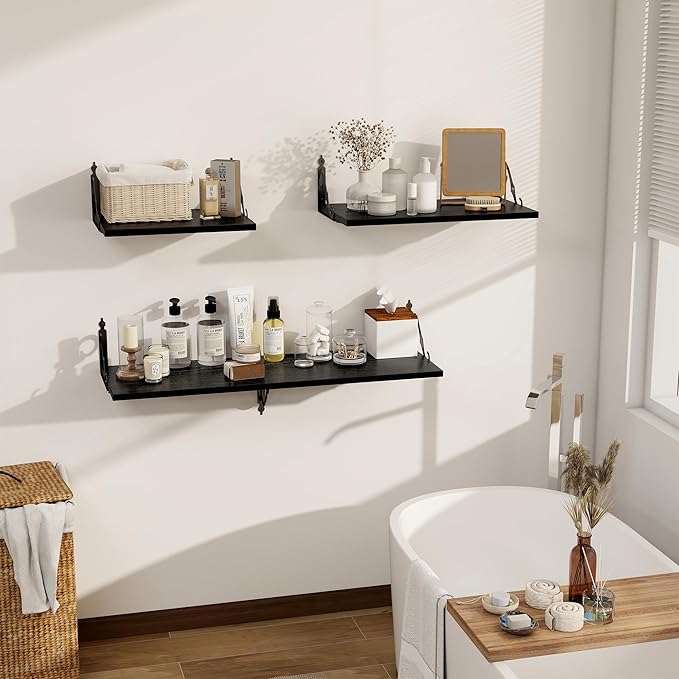 Deep Floating Shelves, 31" W x 12" D Wall Shelves Set of 2, Wide Display Shelf Wall Mounted with Brackets, Bookshelf for Living Room, Bathroom, Bedroom, Black