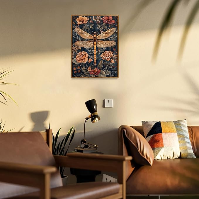 Djmwtb Vintage Framed Wall Art Flower Dragonfly Canvas Wall Art Nature Art Prints Botanical Painting Pictures Wall Decor Artwork for Bedroom Living Room 8x10in
