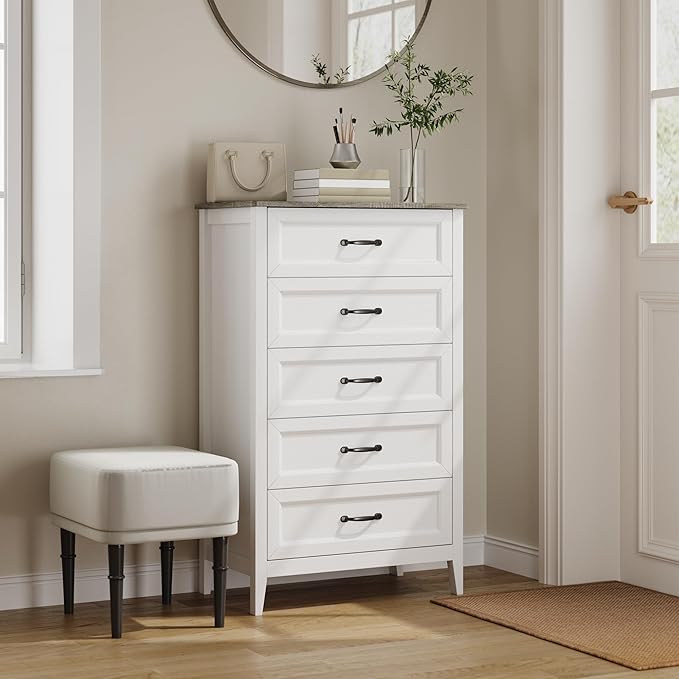 Gizoon 5 Drawer Dresser, 44.8" H Wood Chest of Drawers, White Dresser for Bedroom, with Smooth Rail, Metal Handles, Anti-tip Device, Modern Chest, for Living Room, Hallway, Grey