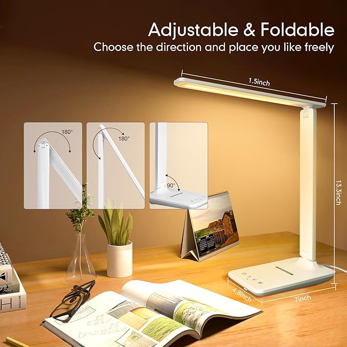 karidi LED Desk Lamp with Wireless Charger, Dimmable Table Lamp Reading Lamp with USB Charging Port, 5 Lighting Modes, Sensitive Control, Foldable Portable Desk Light for Home Office Bedroom Reading