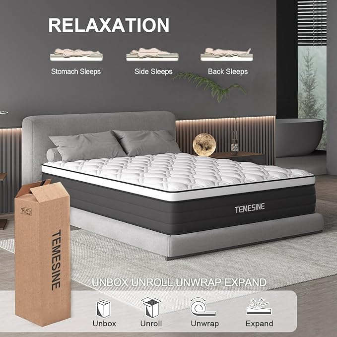 Full Size Mattress, 14 Inch Hybrid Mattress in a Box with Individual Pocket Spring, Gel Memory Foam and Euro Top, Medium Firm Feel with Motion Isolation, Pressure Relief, Edge Support, Black