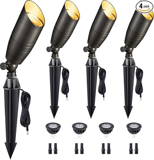 Brass Landscape Lighting - Low Voltage Spotlights Outdoor LED, 12V Wired Uplights, Waterproof Spot Lights, Bronze for Outside Trees with 5W 5000K Daylight MR16 Bulb (4 Pack)