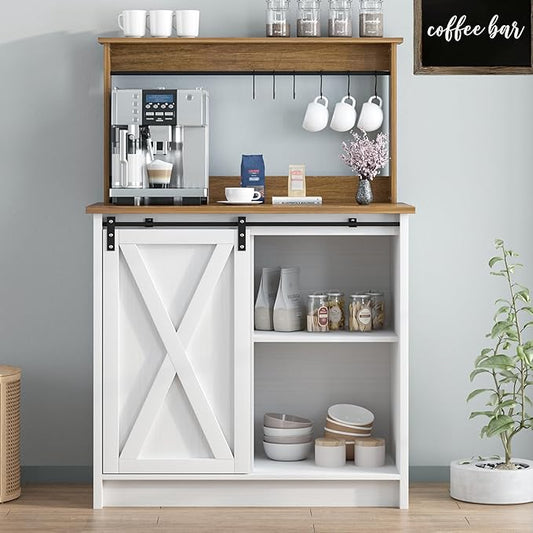 Farmhouse Coffee Bar Cabinet with 6 Hooks, White Coffee Bar Hutch with Storage, 50 Inch Buffet Cabinet with Sliding Barn Door, Coffee Bar Table with Adjustable Shelves for Living Dining Room