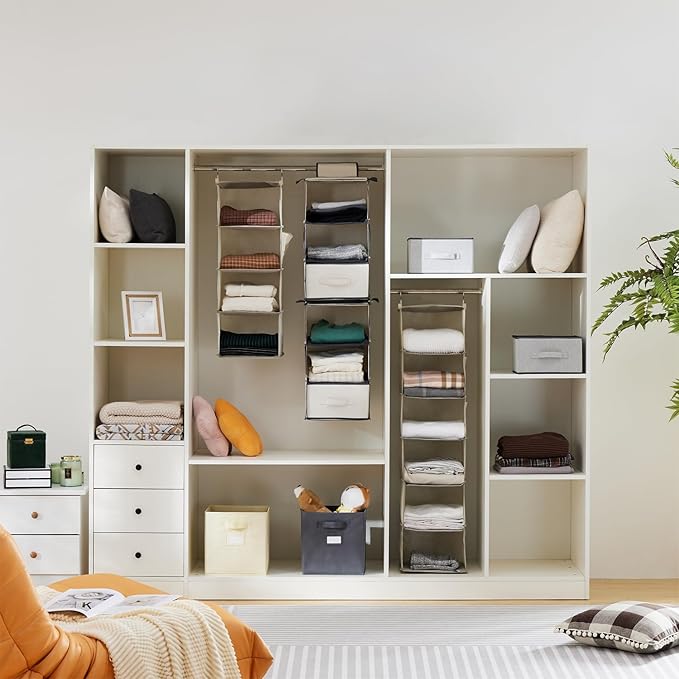 Hanging Closet Organizer, 5-Shelf Closet Hanging Storage Shelves, Beige
