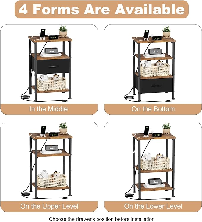 Fixwal Night Stand with Charging Station, Adjustable Bed Side Table with Fabric Drawer, Farmhouse End Table, Bedside Table with Storage, Rustic Brown