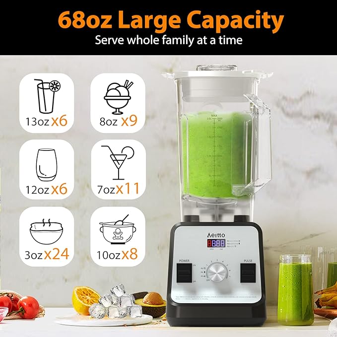 Aeitto Blender, Blenders for Kitchen with 1500-Watt Motor, 68 Oz Large Capacity, Professional Countertop Blenders for Ice Crush, Frozen Drinks, Silver