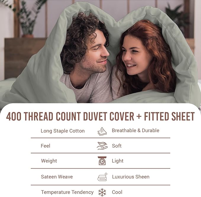 Pizuna 100% Cotton Twin 2 Pc Duvet Cover + 1 Pc Fitted Sheet Set 400 Thread Count Silver Sateen Weave Luxurious Long Staple Cotton 4 Piece Bedding Set - 1 Duvet Cover, 1 Pillow Sham, 1 Fitted Sheet